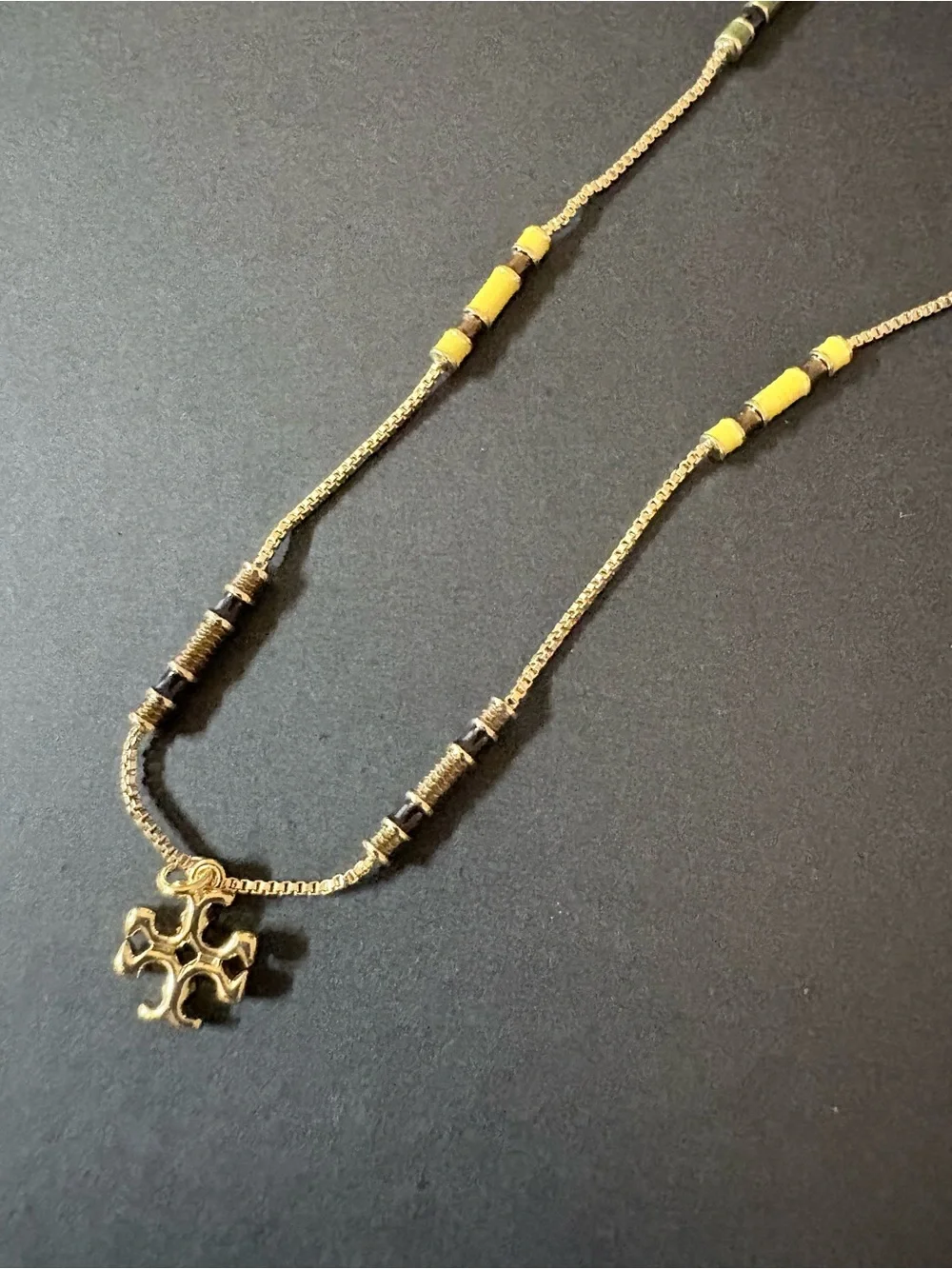 Tory Burch Gold Cross Pendant Necklace with Black Beads
